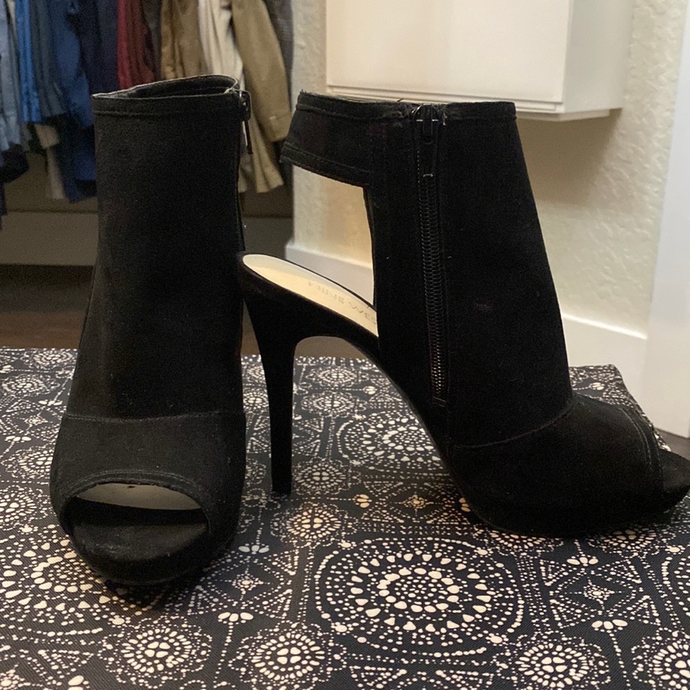 Black suede like material, high heel ankle boots